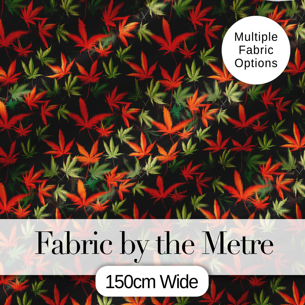 Autumn Red and Green Cannabis Leaves Dense Seamless Pattern Digital Print Fabric by the Metre UK Sewing Quilting Textile