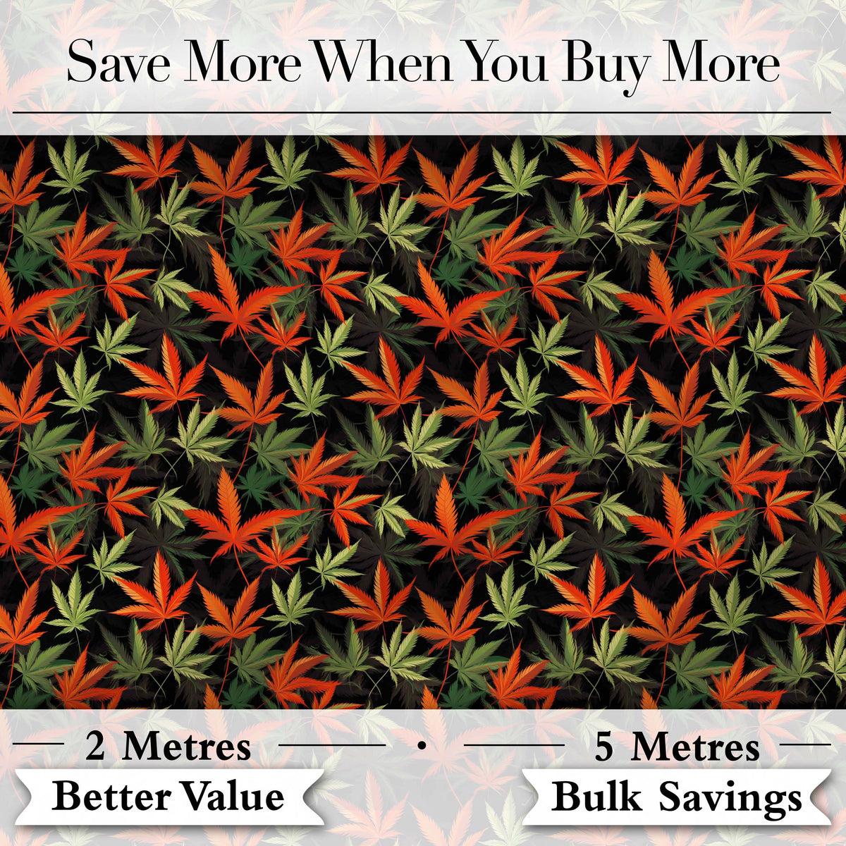 Autumn Red and Green Cannabis Leaves Dense Seamless Pattern Digital Print Fabric by the Metre UK Sewing Quilting Textile