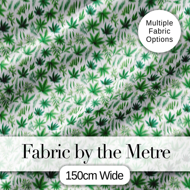 Botanical Mixed Green Leaves and Cannabis Seamless Pattern Digital Print Fabric by the Metre UK Sewing Quilting Textile