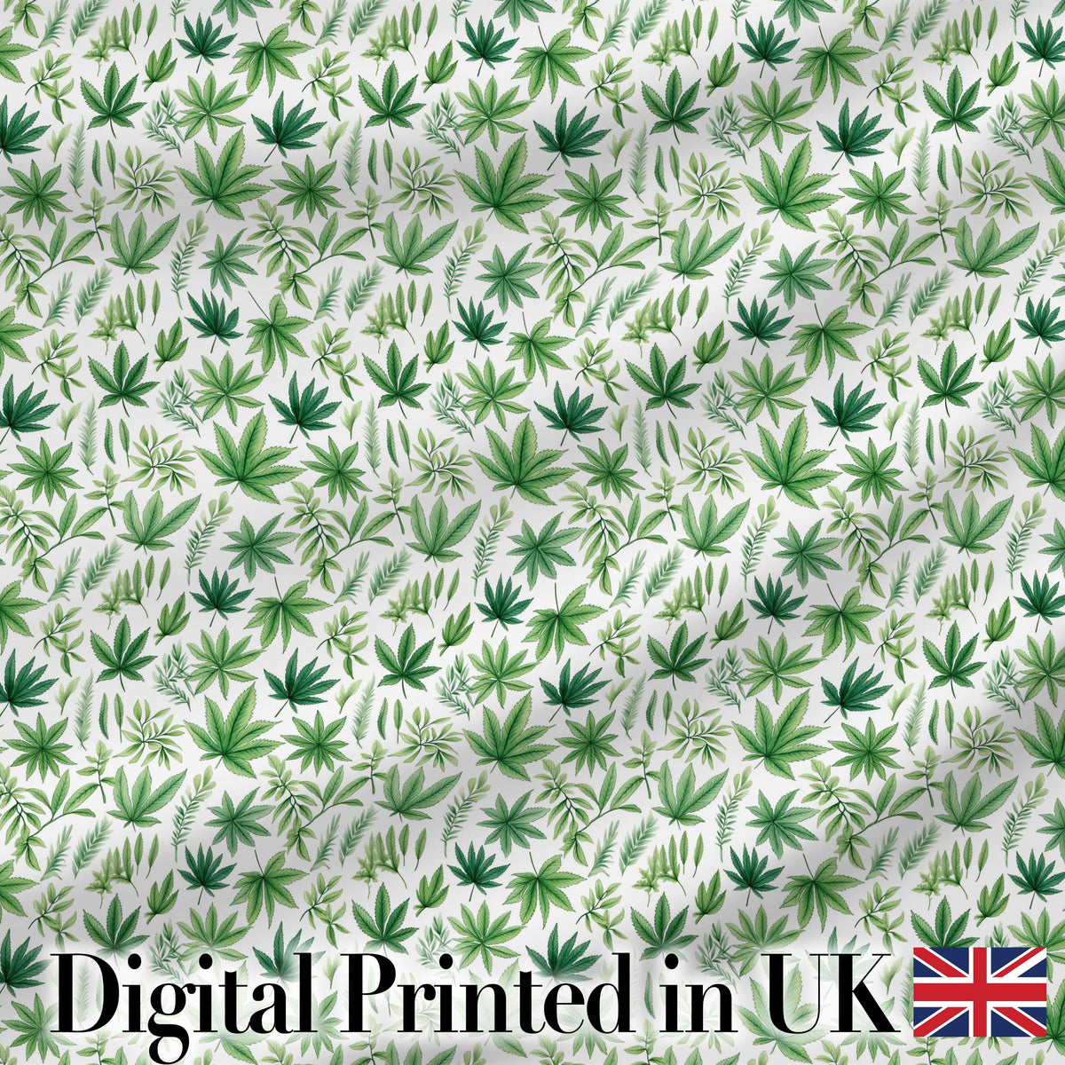 Botanical Mixed Green Leaves and Cannabis Seamless Pattern Digital Print Fabric by the Metre UK Sewing Quilting Textile