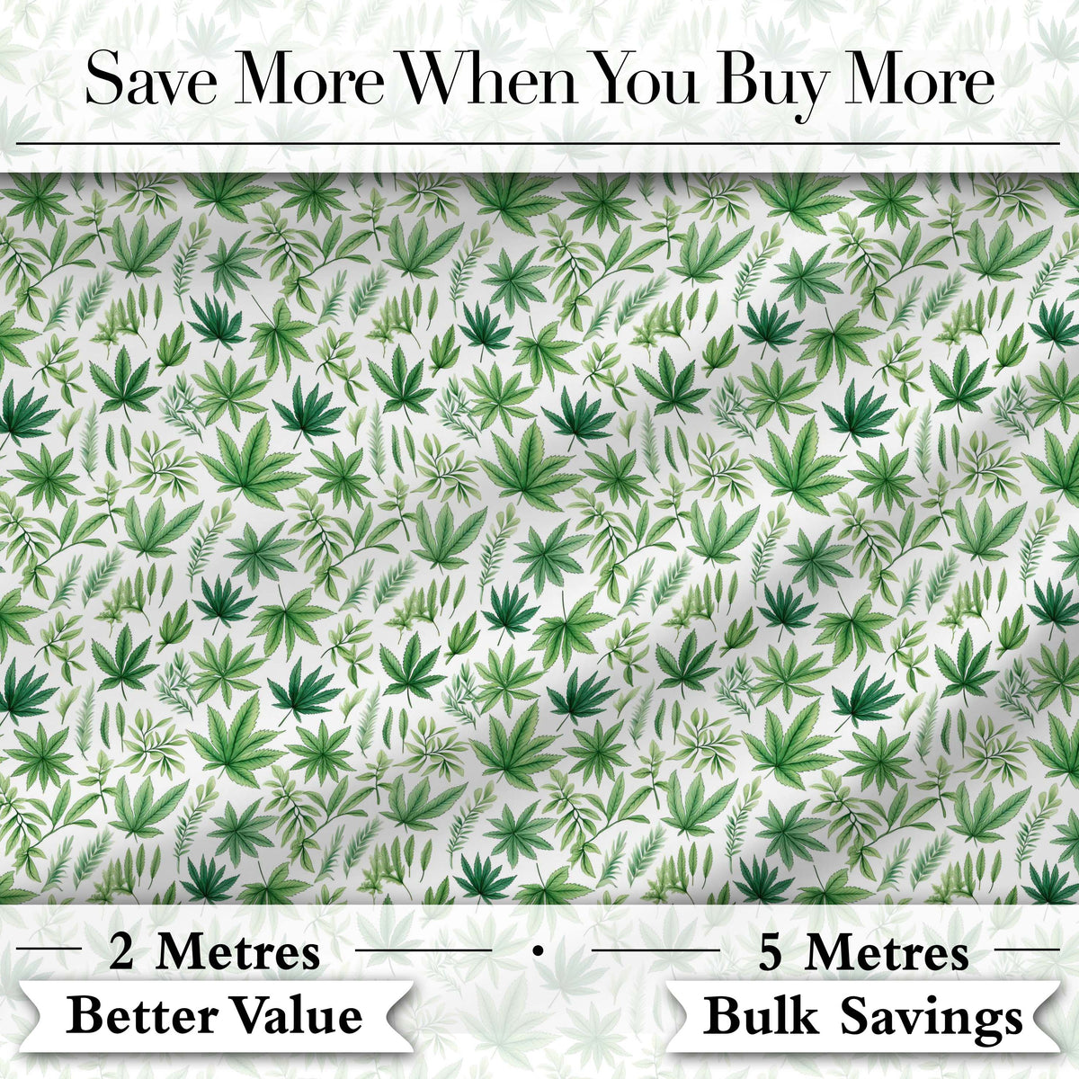 Botanical Mixed Green Leaves and Cannabis Seamless Pattern Digital Print Fabric by the Metre UK Sewing Quilting Textile