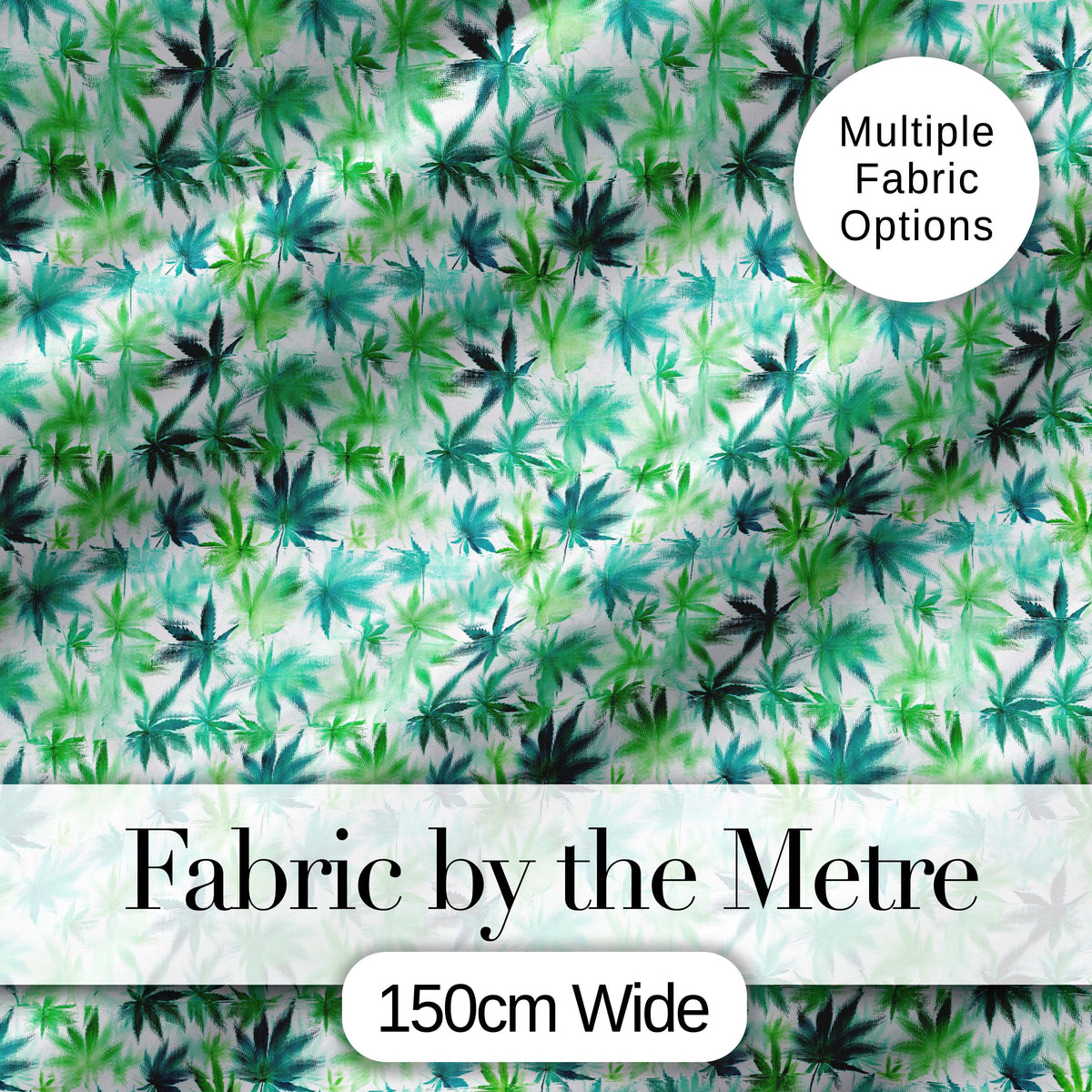 Light Green Blue Watercolor Cannabis Leaves Seamless Pattern Digital Print Fabric by the Metre UK Sewing Quilting Textile