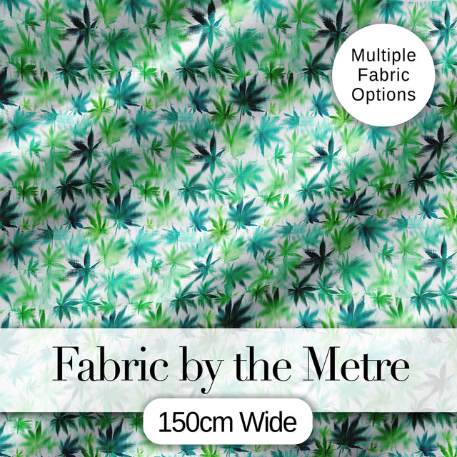 Light Green Blue Watercolor Cannabis Leaves Seamless Pattern Digital Print Fabric by the Metre UK Sewing Quilting Textile