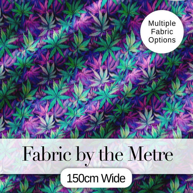 Vibrant Purple and Teal Cannabis Leaves Dense Seamless Pattern Digital Print Fabric by the Metre UK Sewing Quilting Textile