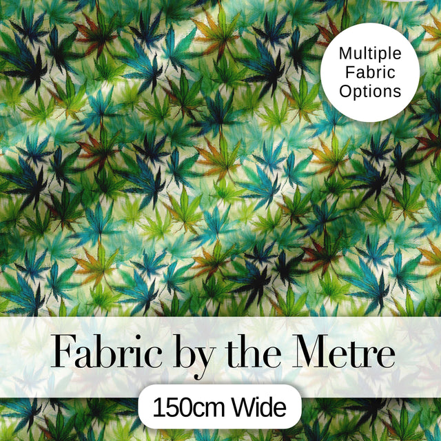 Soft Blue Green and Mustard Cannabis Leaves Seamless Pattern Digital Print Fabric by the Metre UK Sewing Quilting Textile