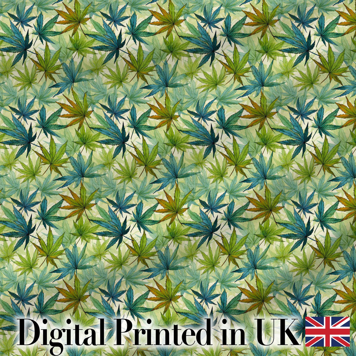 Soft Blue Green and Mustard Cannabis Leaves Seamless Pattern Digital Print Fabric by the Metre UK Sewing Quilting Textile