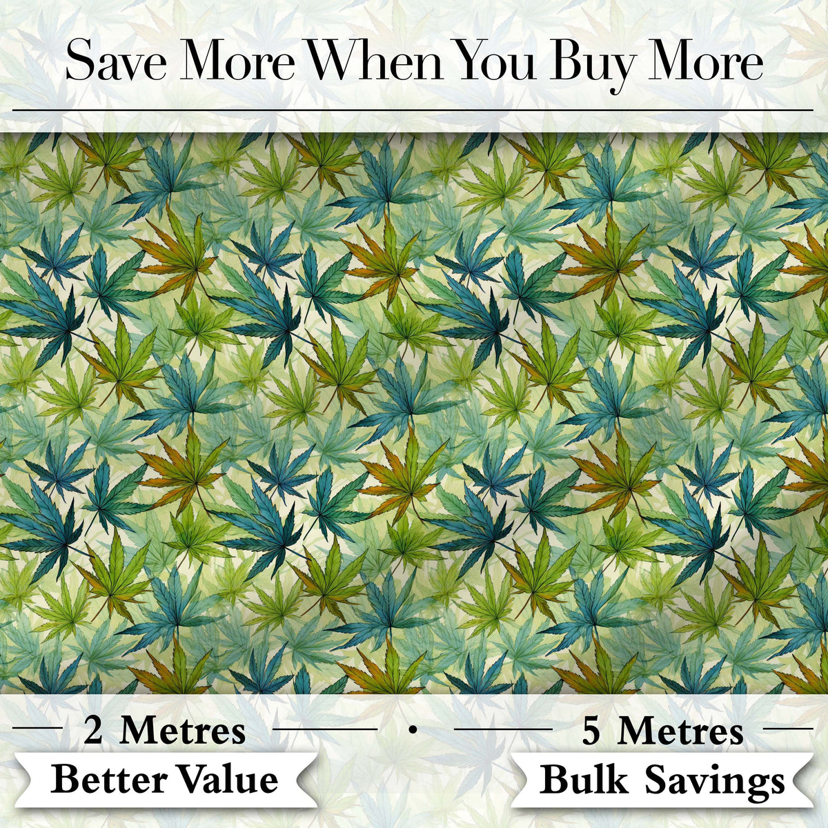 Soft Blue Green and Mustard Cannabis Leaves Seamless Pattern Digital Print Fabric by the Metre UK Sewing Quilting Textile