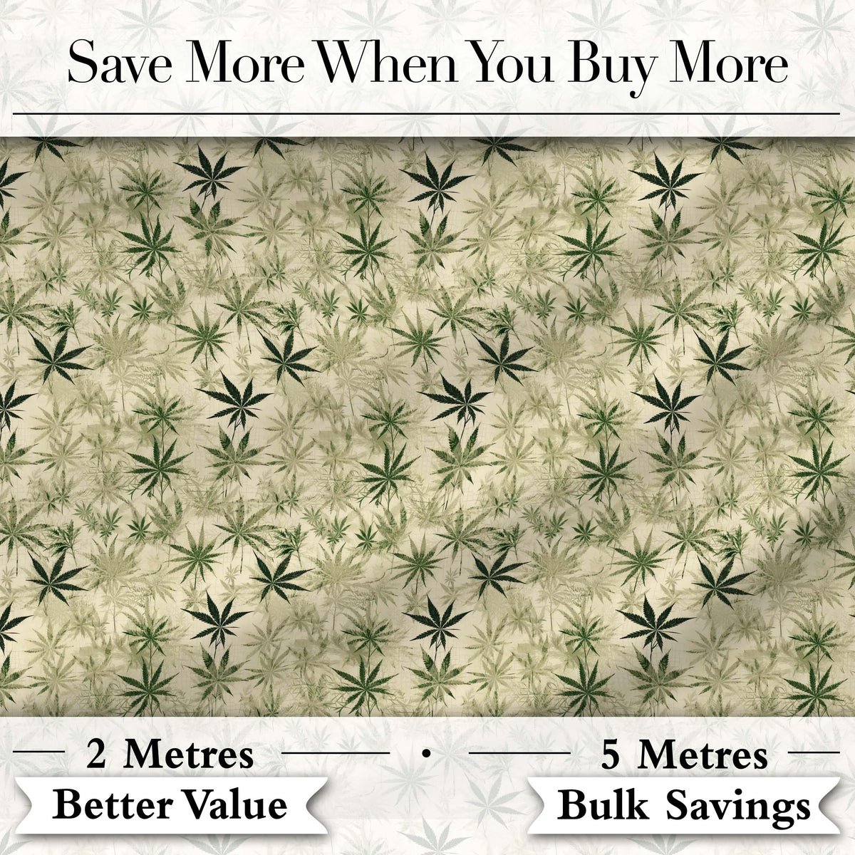 Faded Beige and Green Cannabis Leaf Vintage Seamless Pattern Digital Print Fabric by the Metre UK Sewing Quilting Textile