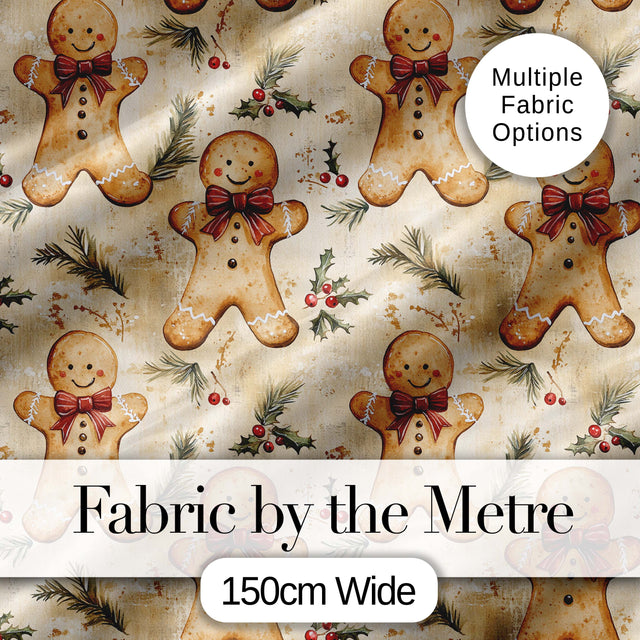 Vintage Gingerbread Men with Bows and Pine Branches Seamless Pattern Digital Print Fabric by the Metre UK Sewing Quilting Textile