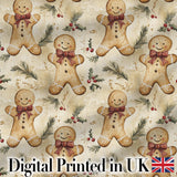 Vintage Gingerbread Men with Bows and Pine Branches Seamless Pattern Digital Print Fabric by the Metre UK Sewing Quilting Textile