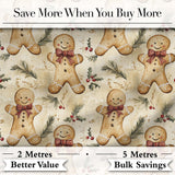 Vintage Gingerbread Men with Bows and Pine Branches Seamless Pattern Digital Print Fabric by the Metre UK Sewing Quilting Textile