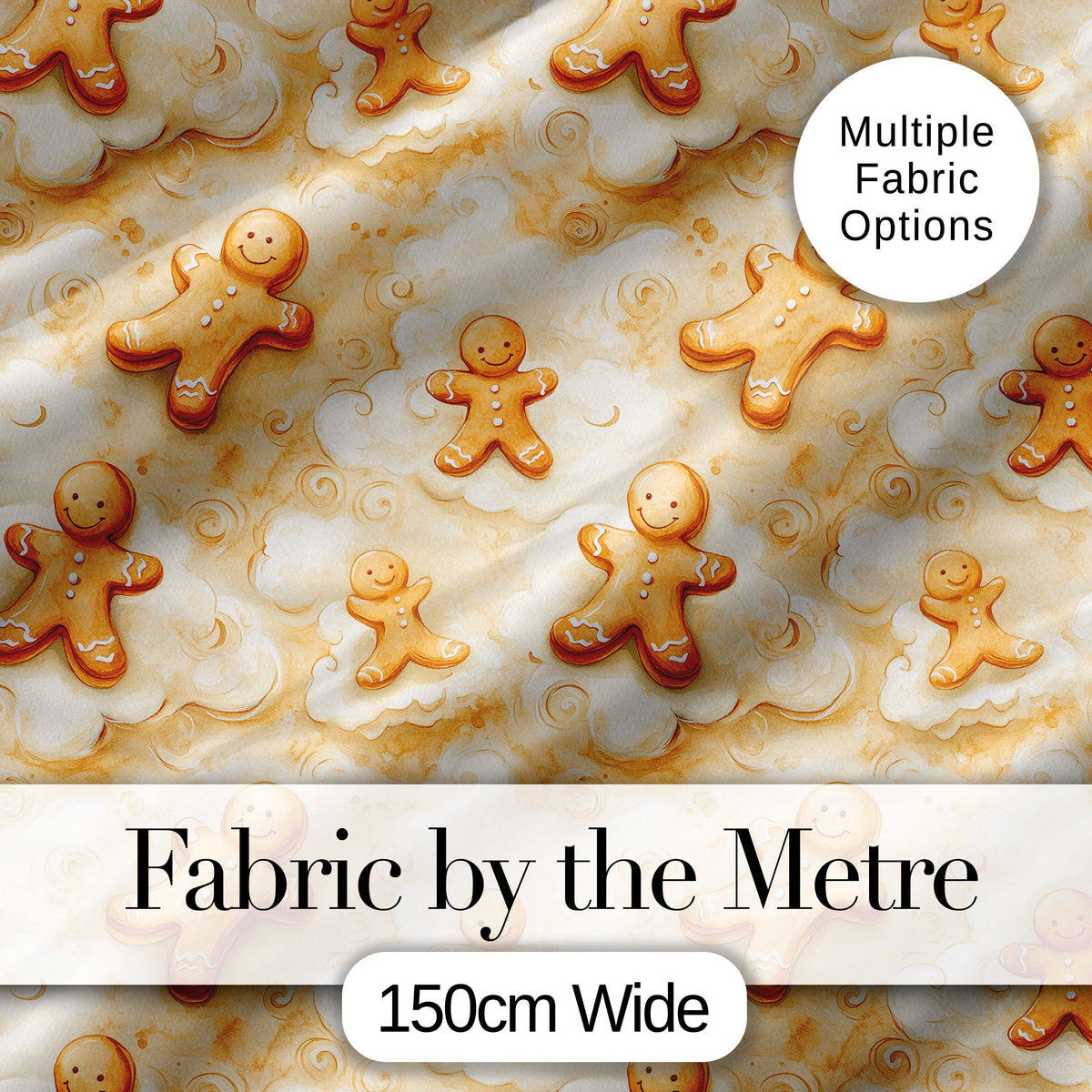 Cute Gingerbread Cookies on Soft Cloud Background Seamless Pattern Digital Print Fabric by the Metre UK Sewing Quilting Textile