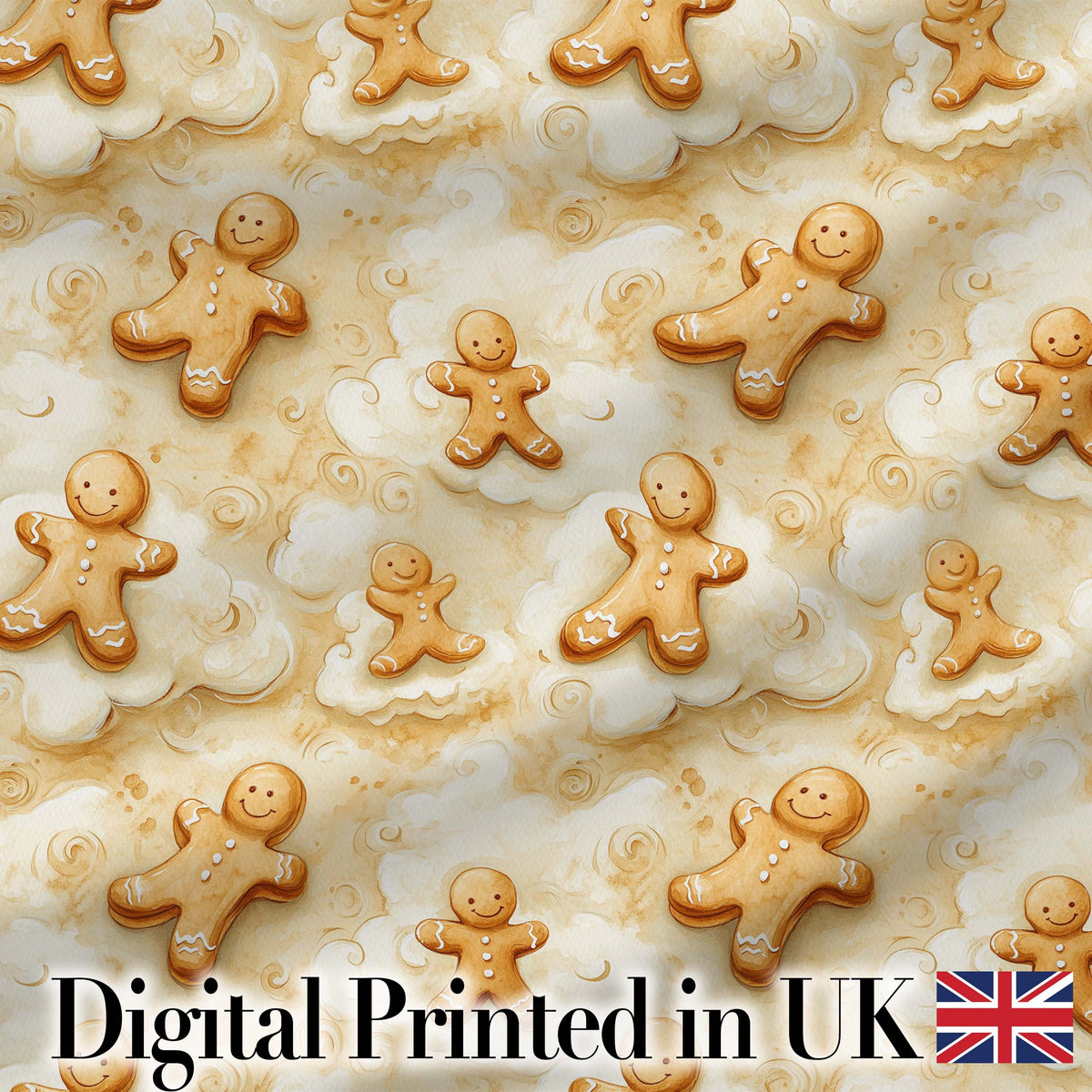 Cute Gingerbread Cookies on Soft Cloud Background Seamless Pattern Digital Print Fabric by the Metre UK Sewing Quilting Textile