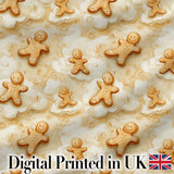 Cute Gingerbread Cookies on Soft Cloud Background Seamless Pattern Digital Print Fabric by the Metre UK Sewing Quilting Textile