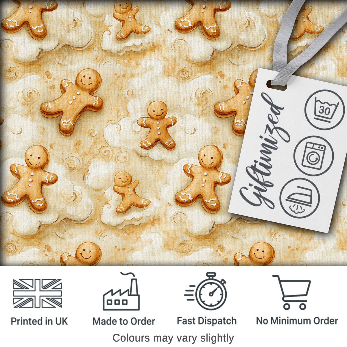 Cute Gingerbread Cookies on Soft Cloud Background Seamless Pattern Digital Print Fabric by the Metre UK Sewing Quilting Textile