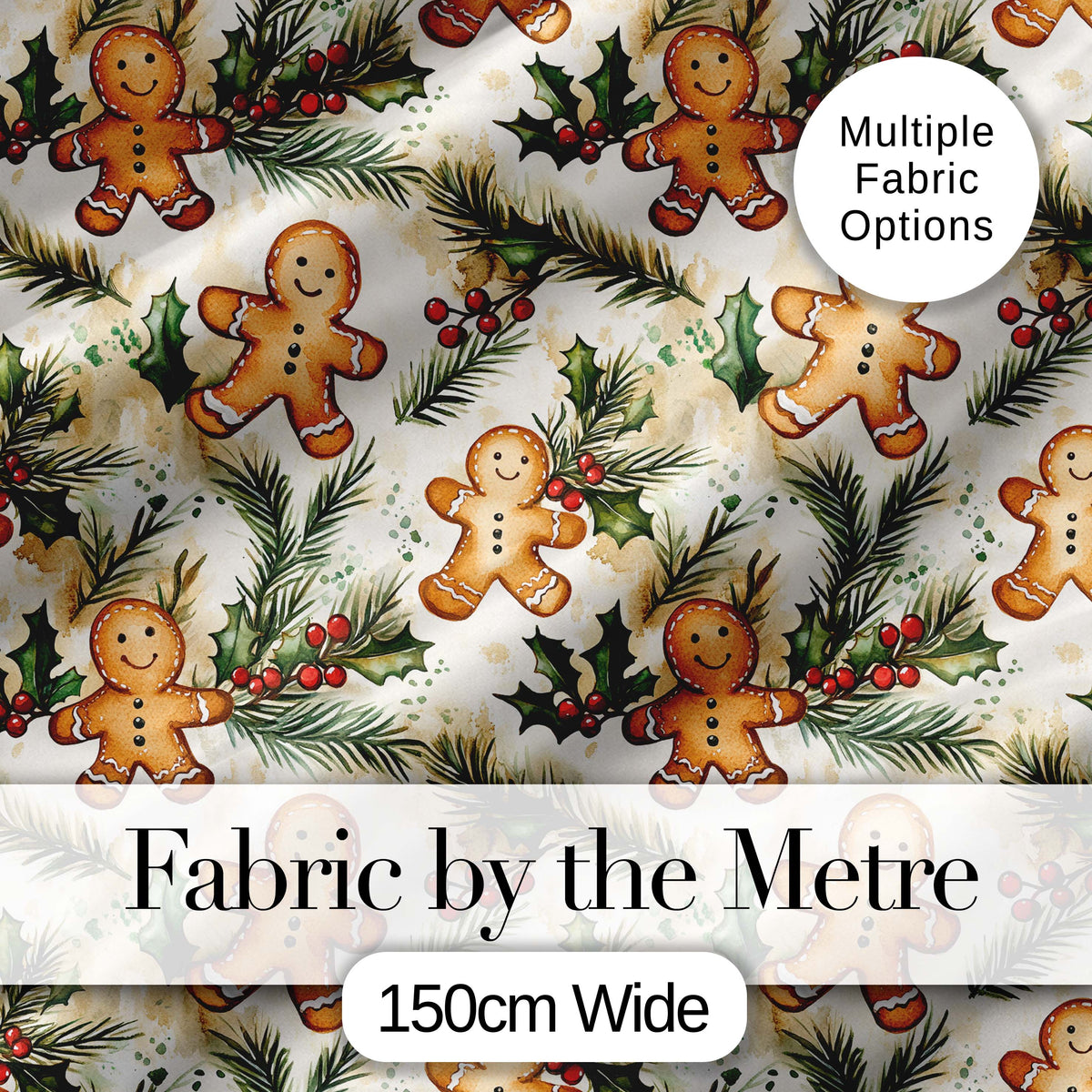 Cute Gingerbread Cookies with Holly and Pine Branches Seamless Pattern Digital Print Fabric by the Metre UK Sewing Quilting Textile