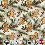 Cute Gingerbread Cookies with Holly and Pine Branches Seamless Pattern Digital Print Fabric by the Metre UK Sewing Quilting Textile