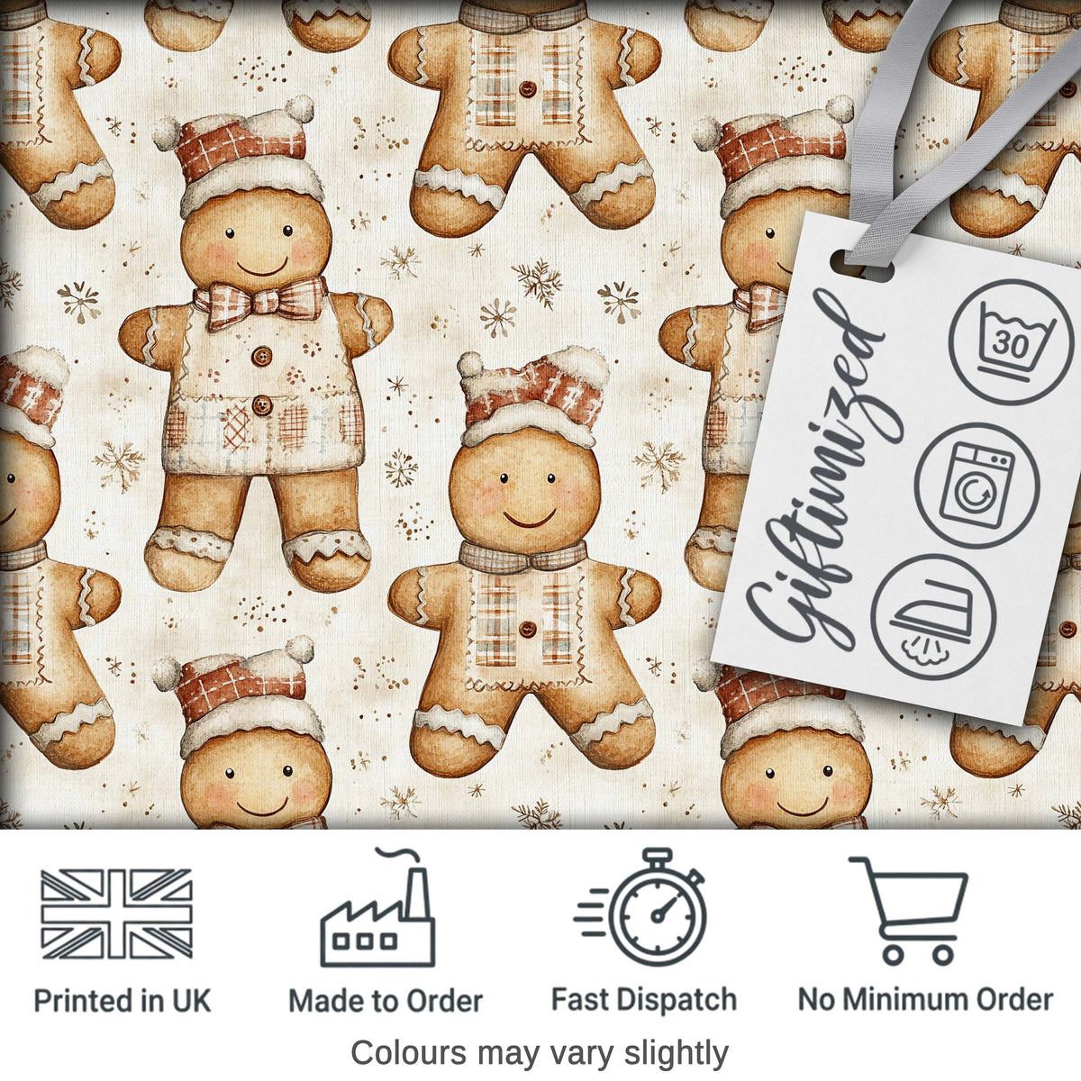 Cute Gingerbread Dolls in Winter Outfit Seamless Pattern Digital Print Fabric by the Metre UK Sewing Quilting Textile
