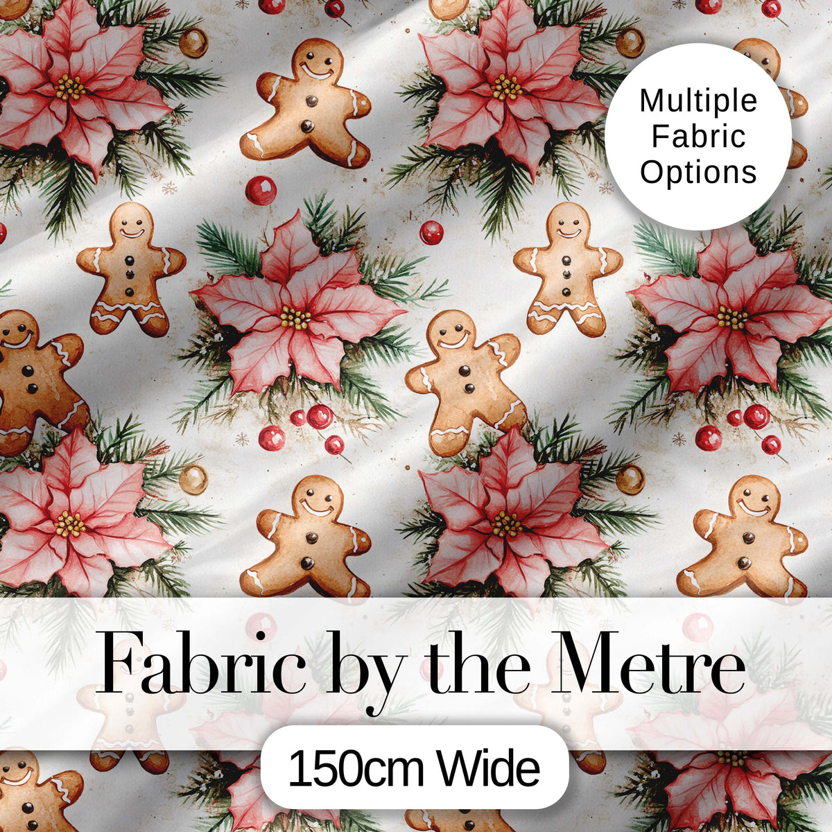 Cute Gingerbread Cookies with Poinsettia Flowers Seamless Pattern Digital Print Fabric by the Metre UK Sewing Quilting Textile