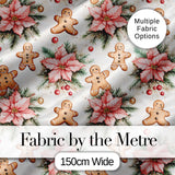 Cute Gingerbread Cookies with Poinsettia Flowers Seamless Pattern Digital Print Fabric by the Metre UK Sewing Quilting Textile
