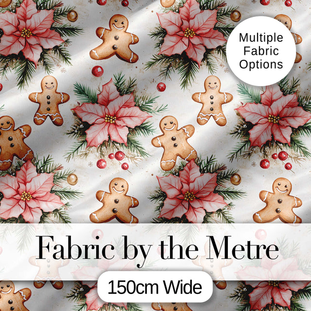 Cute Gingerbread Cookies with Poinsettia Flowers Seamless Pattern Digital Print Fabric by the Metre UK Sewing Quilting Textile