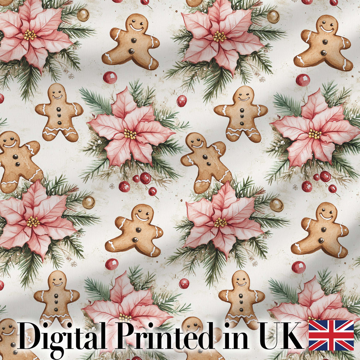 Cute Gingerbread Cookies with Poinsettia Flowers Seamless Pattern Digital Print Fabric by the Metre UK Sewing Quilting Textile