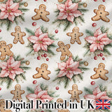 Cute Gingerbread Cookies with Poinsettia Flowers Seamless Pattern Digital Print Fabric by the Metre UK Sewing Quilting Textile
