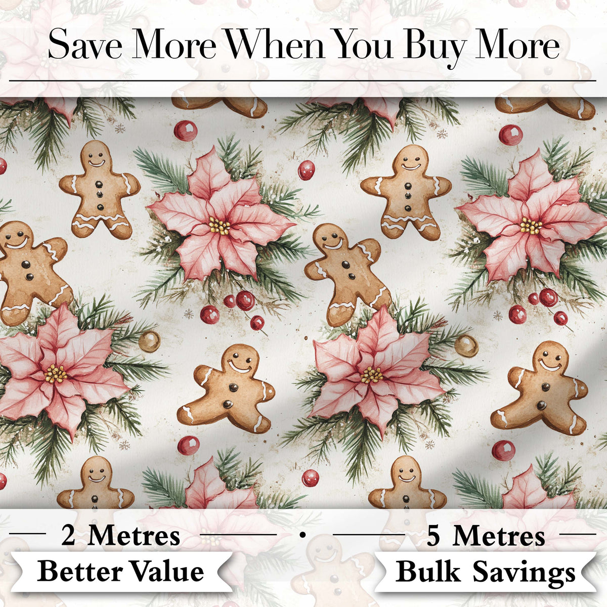 Cute Gingerbread Cookies with Poinsettia Flowers Seamless Pattern Digital Print Fabric by the Metre UK Sewing Quilting Textile