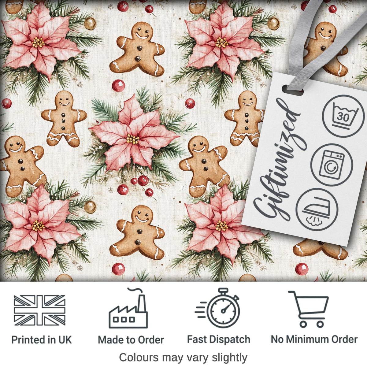 Cute Gingerbread Cookies with Poinsettia Flowers Seamless Pattern Digital Print Fabric by the Metre UK Sewing Quilting Textile