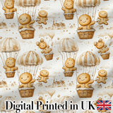 Cute Gingerbread Characters in Hot Air Balloons Seamless Pattern Digital Print Fabric by the Metre UK Sewing Quilting Textile