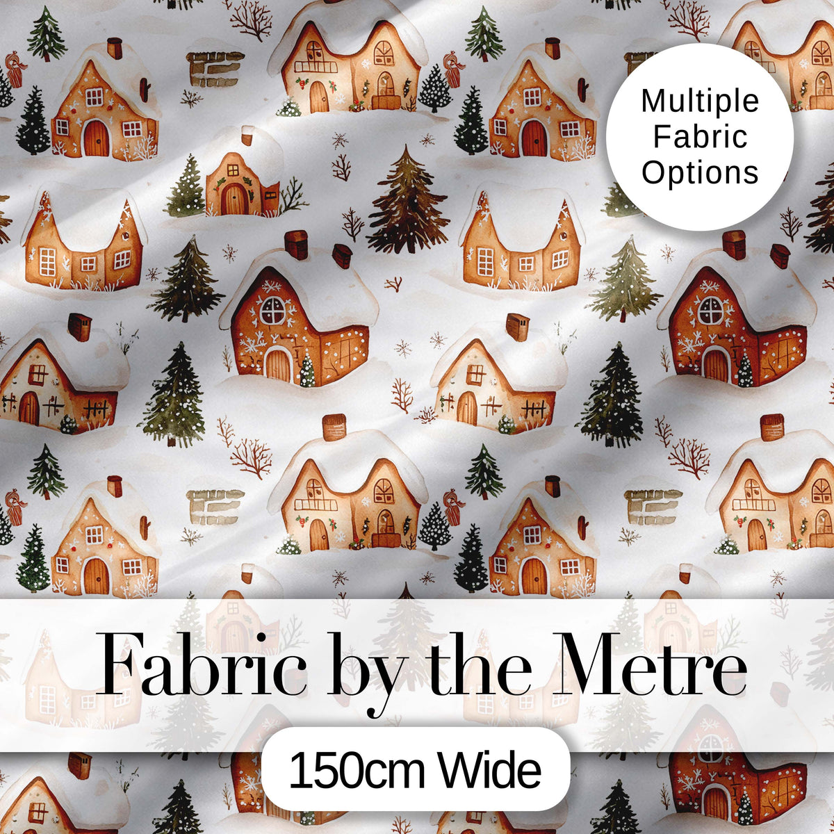 Cute Winter Village Gingerbread Houses Seamless Pattern Digital Print Fabric by the Metre UK Sewing Quilting Textile