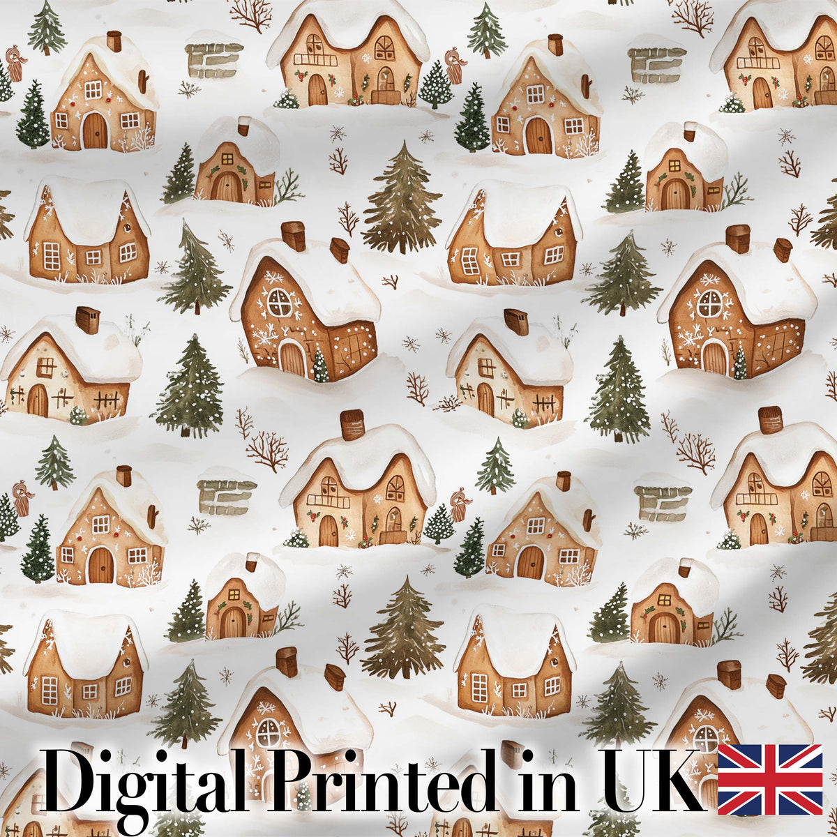 Cute Winter Village Gingerbread Houses Seamless Pattern Digital Print Fabric by the Metre UK Sewing Quilting Textile