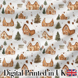 Cute Winter Village Gingerbread Houses Seamless Pattern Digital Print Fabric by the Metre UK Sewing Quilting Textile