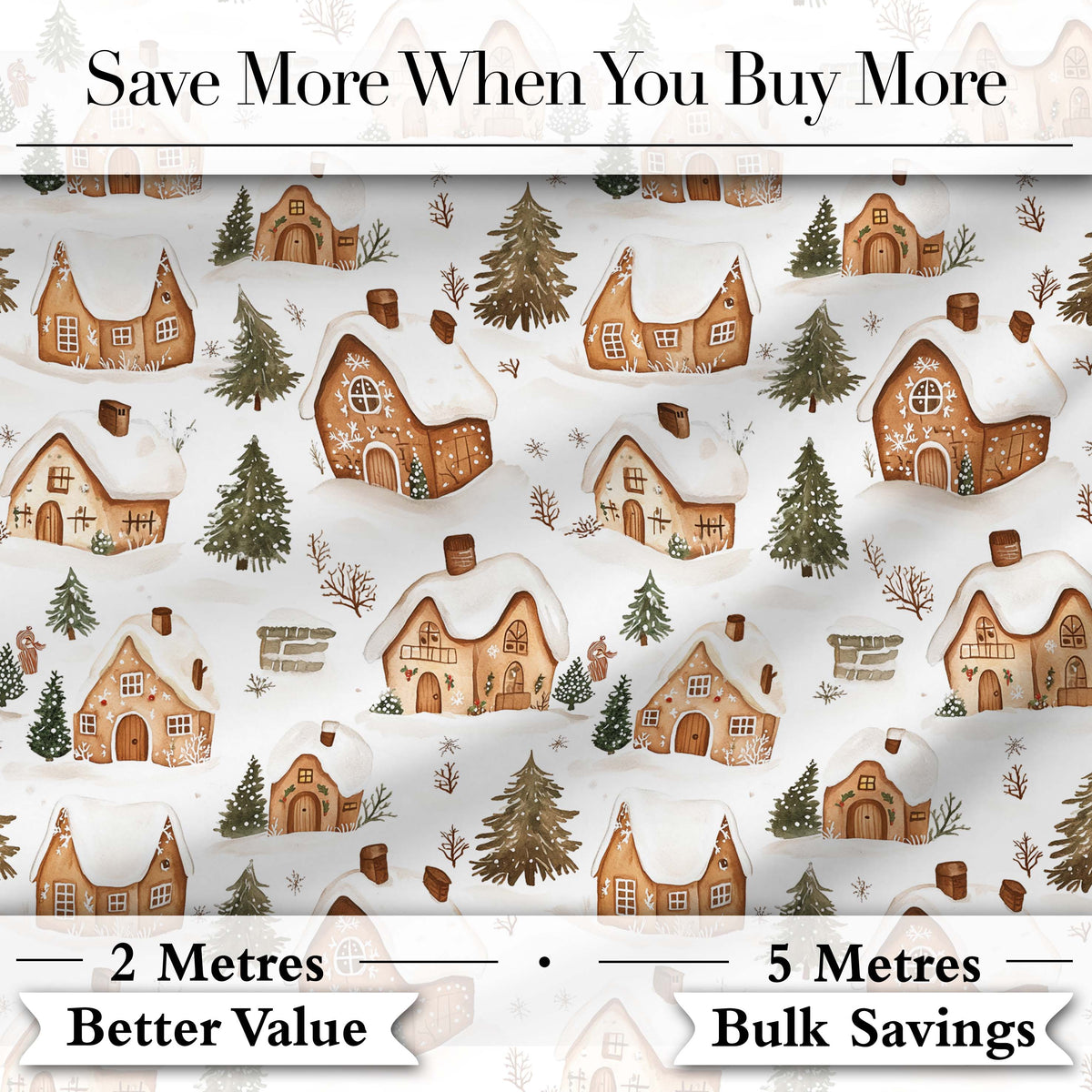 Cute Winter Village Gingerbread Houses Seamless Pattern Digital Print Fabric by the Metre UK Sewing Quilting Textile