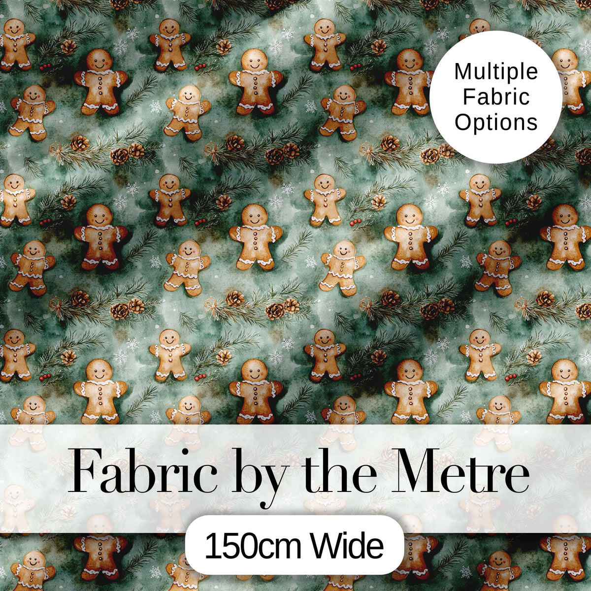 Cute Gingerbread Cookies with Pinecones and Snowflakes Seamless Pattern Digital Print Fabric by the Metre UK Sewing Quilting Textile