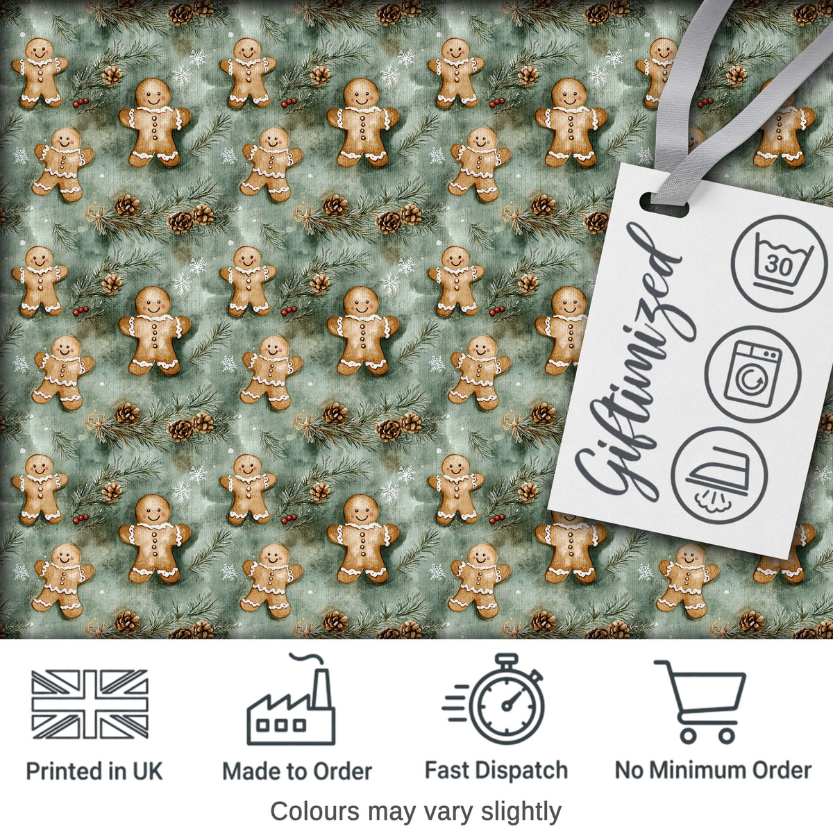 Cute Gingerbread Cookies with Pinecones and Snowflakes Seamless Pattern Digital Print Fabric by the Metre UK Sewing Quilting Textile
