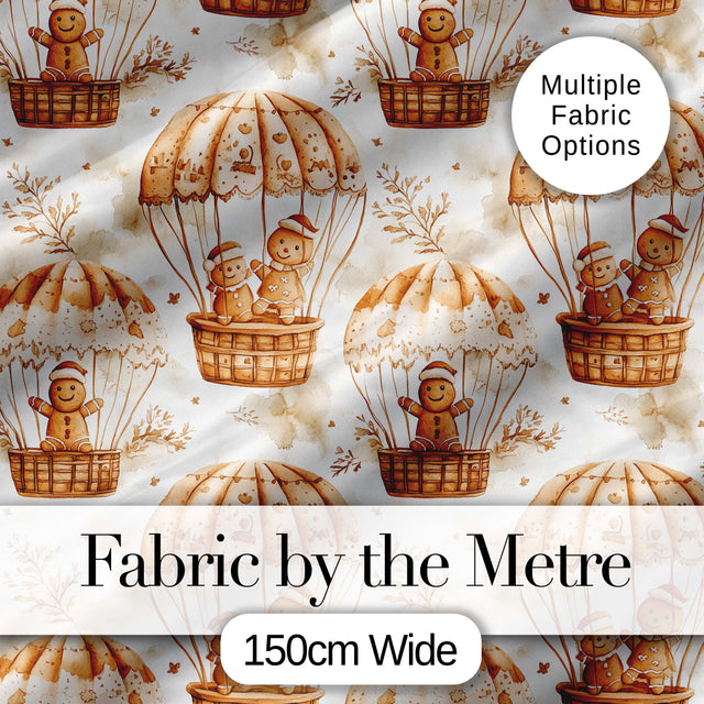 Cute Gingerbread Friends in Hot Air Balloons Vintage Style Seamless Pattern Digital Print Fabric by the Metre UK Sewing Quilting Textile