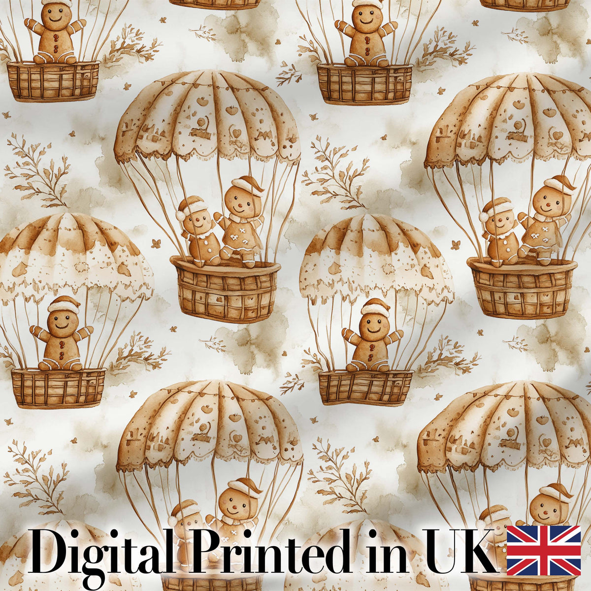 Cute Gingerbread Friends in Hot Air Balloons Vintage Style Seamless Pattern Digital Print Fabric by the Metre UK Sewing Quilting Textile