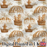 Cute Gingerbread Friends in Hot Air Balloons Vintage Style Seamless Pattern Digital Print Fabric by the Metre UK Sewing Quilting Textile