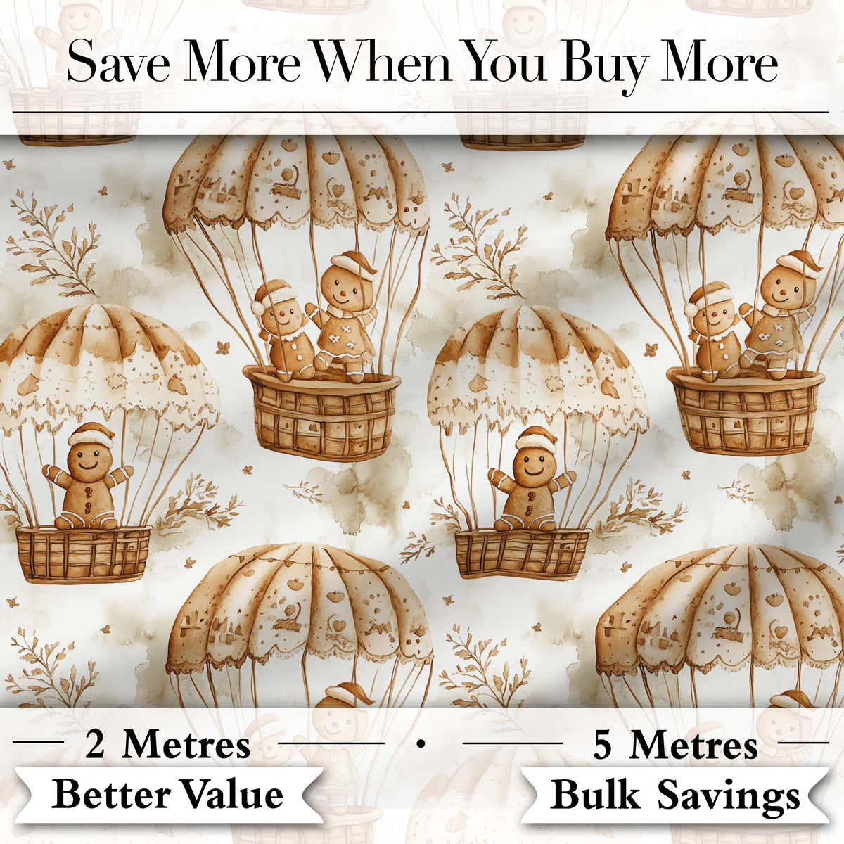 Cute Gingerbread Friends in Hot Air Balloons Vintage Style Seamless Pattern Digital Print Fabric by the Metre UK Sewing Quilting Textile