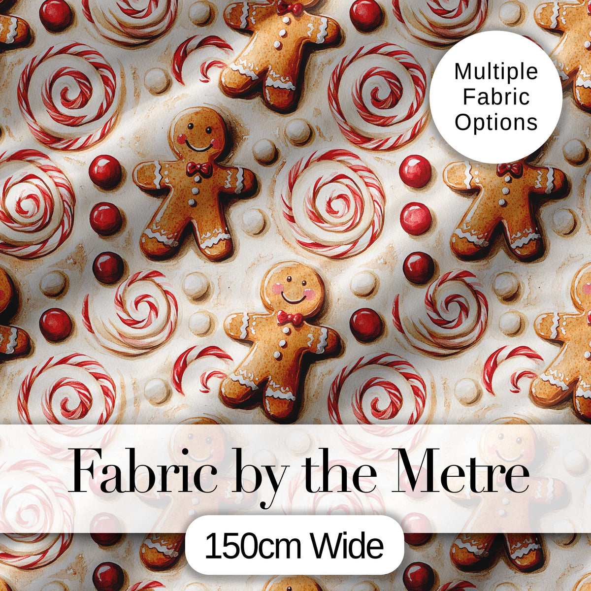 Cute Gingerbread Cookies with Swirl Candies and Bows Seamless Pattern Digital Print Fabric by the Metre UK Sewing Quilting Textile
