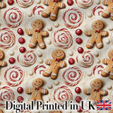 Cute Gingerbread Cookies with Swirl Candies and Bows Seamless Pattern Digital Print Fabric by the Metre UK Sewing Quilting Textile