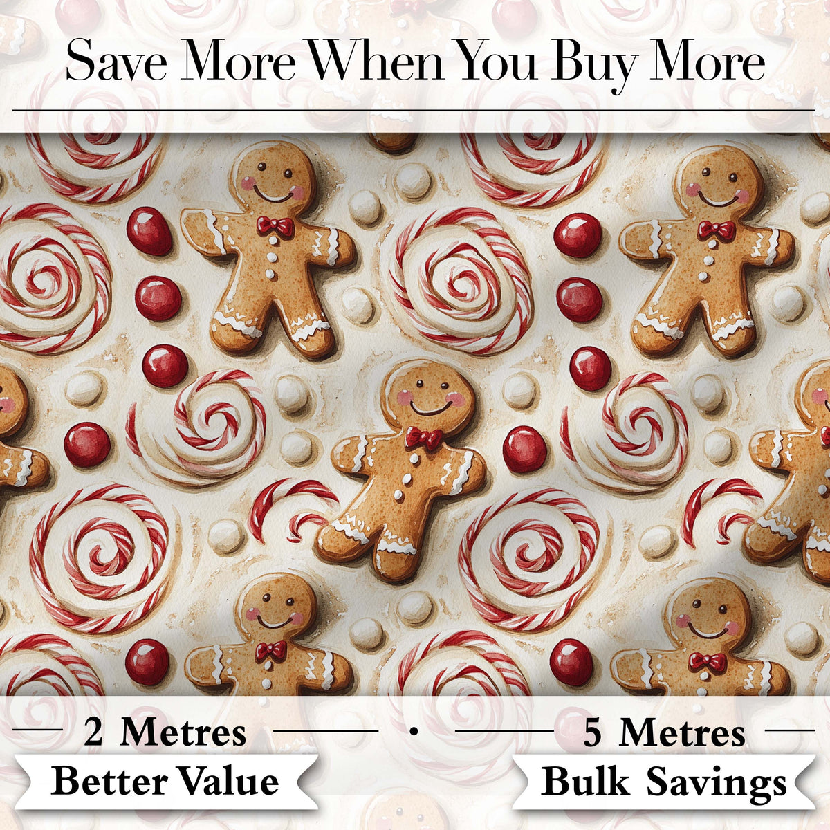 Cute Gingerbread Cookies with Swirl Candies and Bows Seamless Pattern Digital Print Fabric by the Metre UK Sewing Quilting Textile