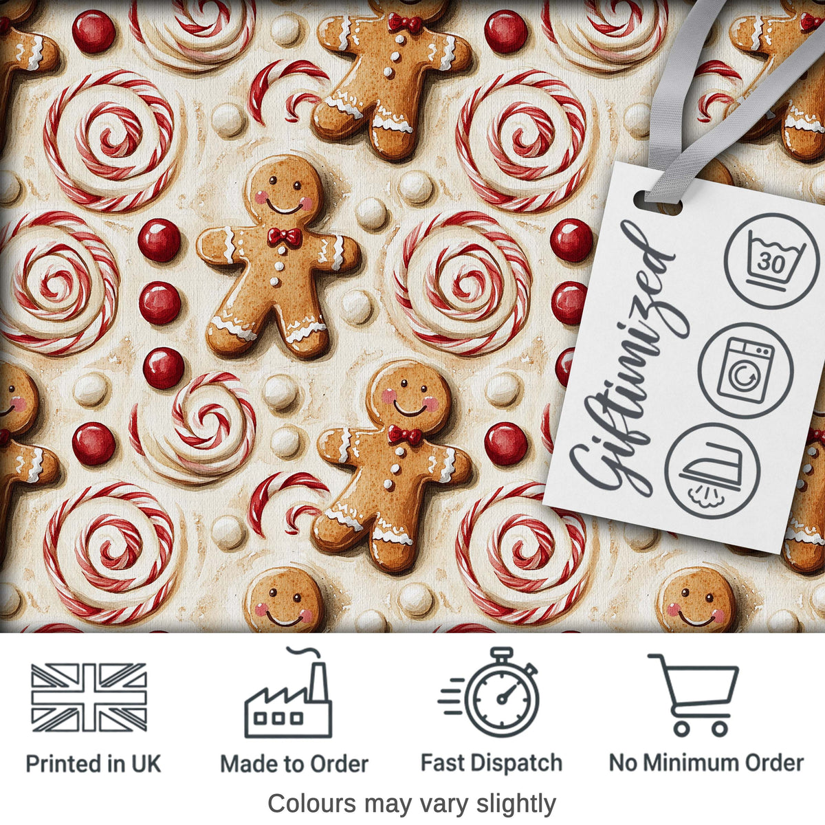 Cute Gingerbread Cookies with Swirl Candies and Bows Seamless Pattern Digital Print Fabric by the Metre UK Sewing Quilting Textile
