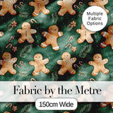 Cute Gingerbread Cookies on Green Festive Background Seamless Pattern Digital Print Fabric by the Metre UK Sewing Quilting Textile