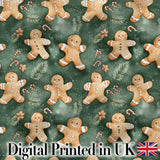 Cute Gingerbread Cookies on Green Festive Background Seamless Pattern Digital Print Fabric by the Metre UK Sewing Quilting Textile