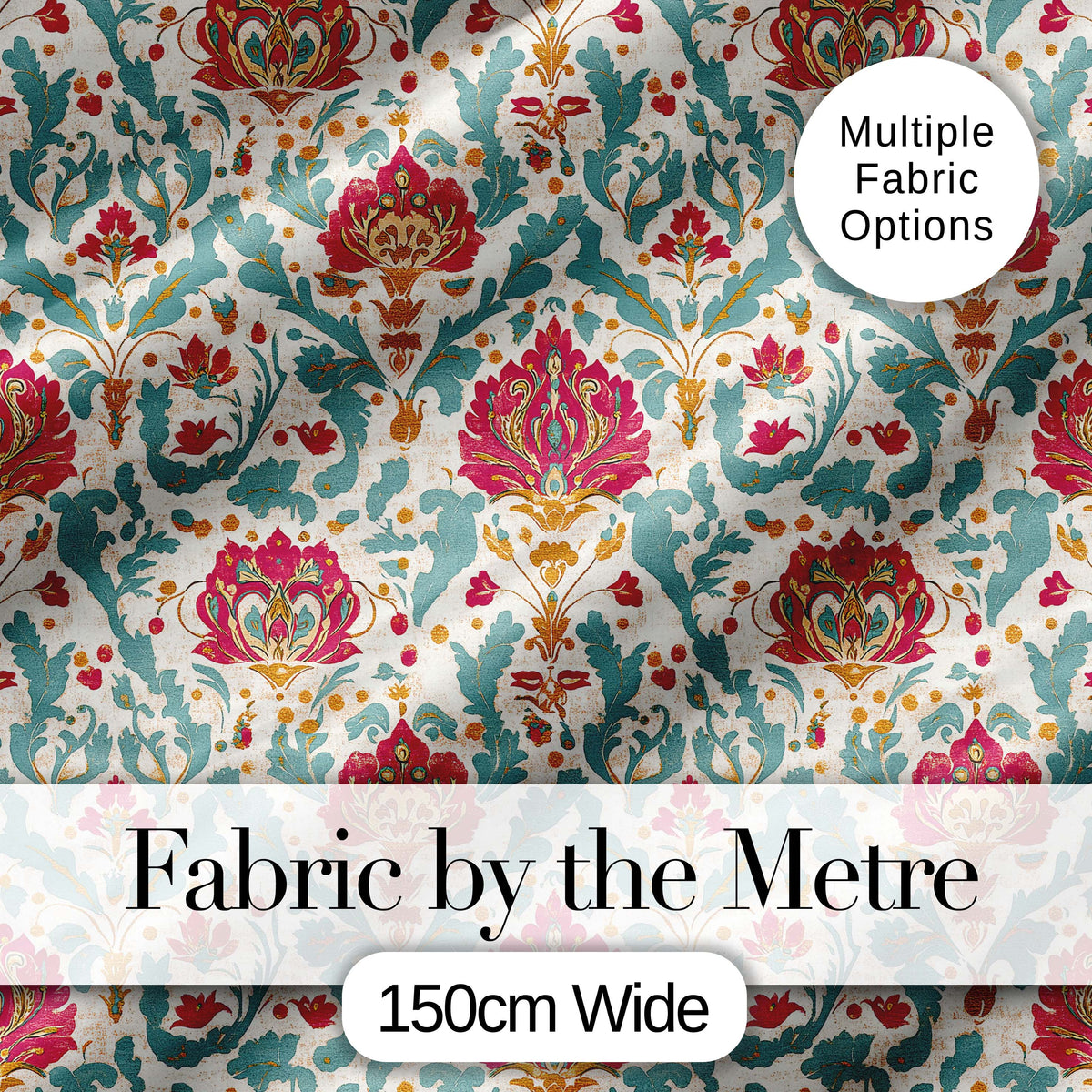 Decorative Damask Floral Pattern with Teal and Pink Accents Seamless Pattern Digital Print Fabric by the Metre UK Sewing Quilting Textile