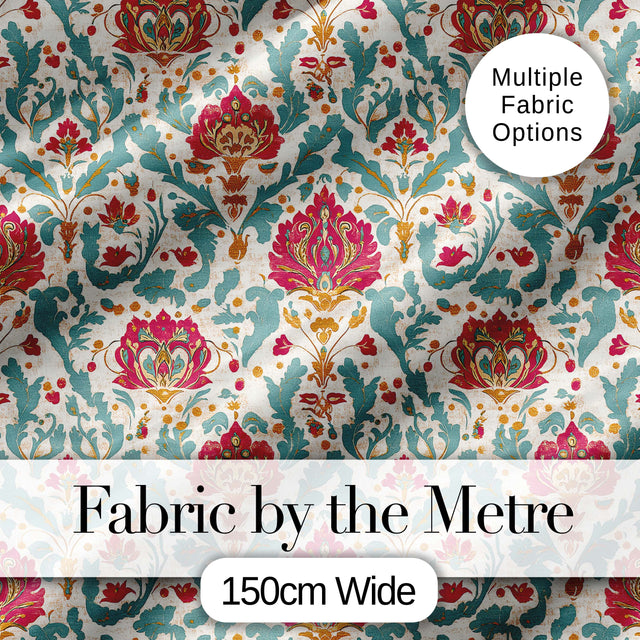 Decorative Damask Floral Pattern with Teal and Pink Accents Seamless Pattern Digital Print Fabric by the Metre UK Sewing Quilting Textile