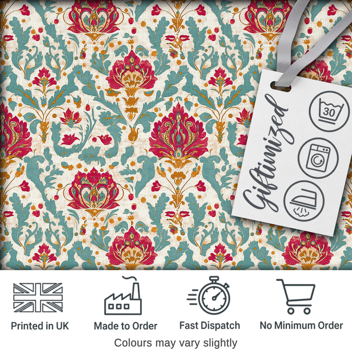 Decorative Damask Floral Pattern with Teal and Pink Accents Seamless Pattern Digital Print Fabric by the Metre UK Sewing Quilting Textile