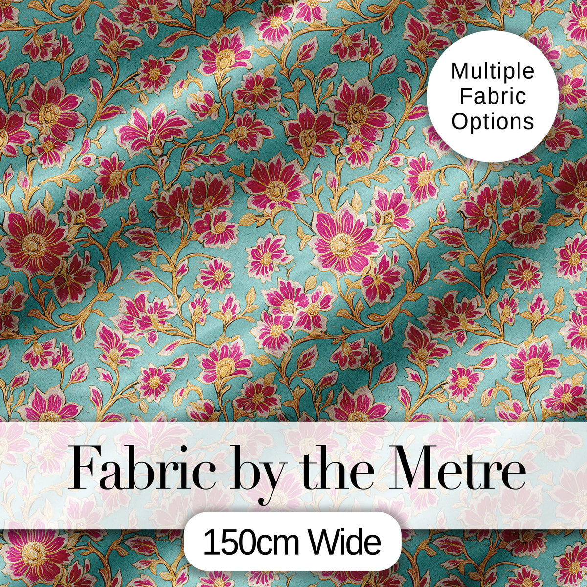 Vintage Floral Vine Pattern with Pink Blossoms on Blue Seamless Pattern Digital Print Fabric by the Metre UK Sewing Quilting Textile
